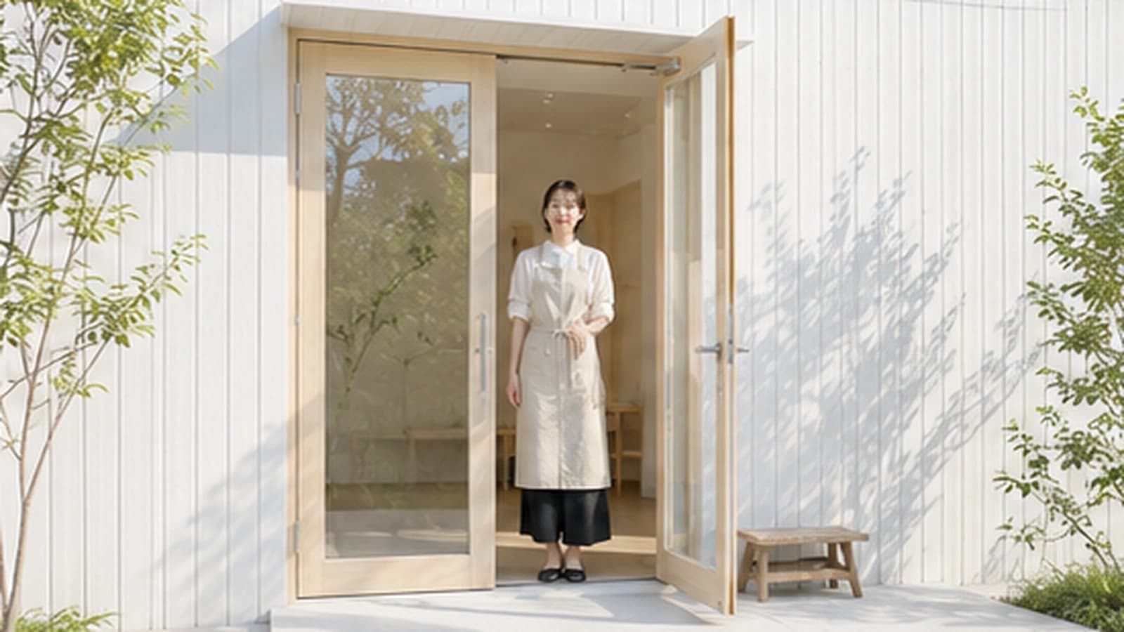 ガラス扉の前でお客様を迎えるスタッフ