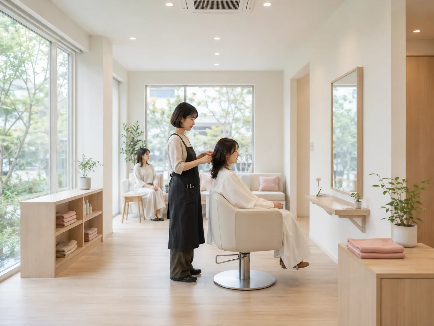 窓から光の入る店内で、お客様の髪を仕上げているスタイリスト