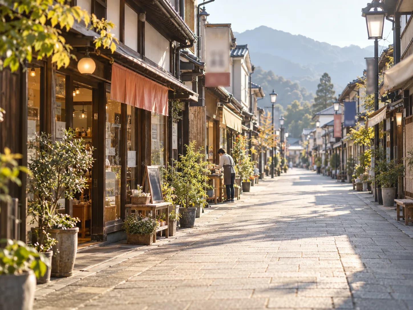 朝の光が差す秦野の商店街。店先で開店の準備をする人の姿と、遠くに丹沢の山並み