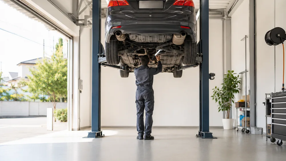 リフトに上げた車の下で作業している整備工場の様子