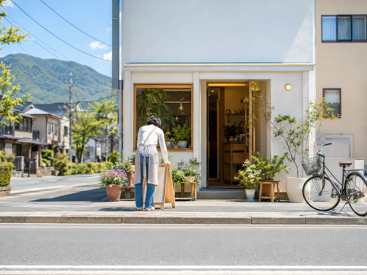 店先に置き看板を出して、開店の準備をしているところ