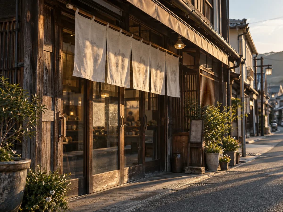 夕方の光に照らされた、長く続く商店の店構え