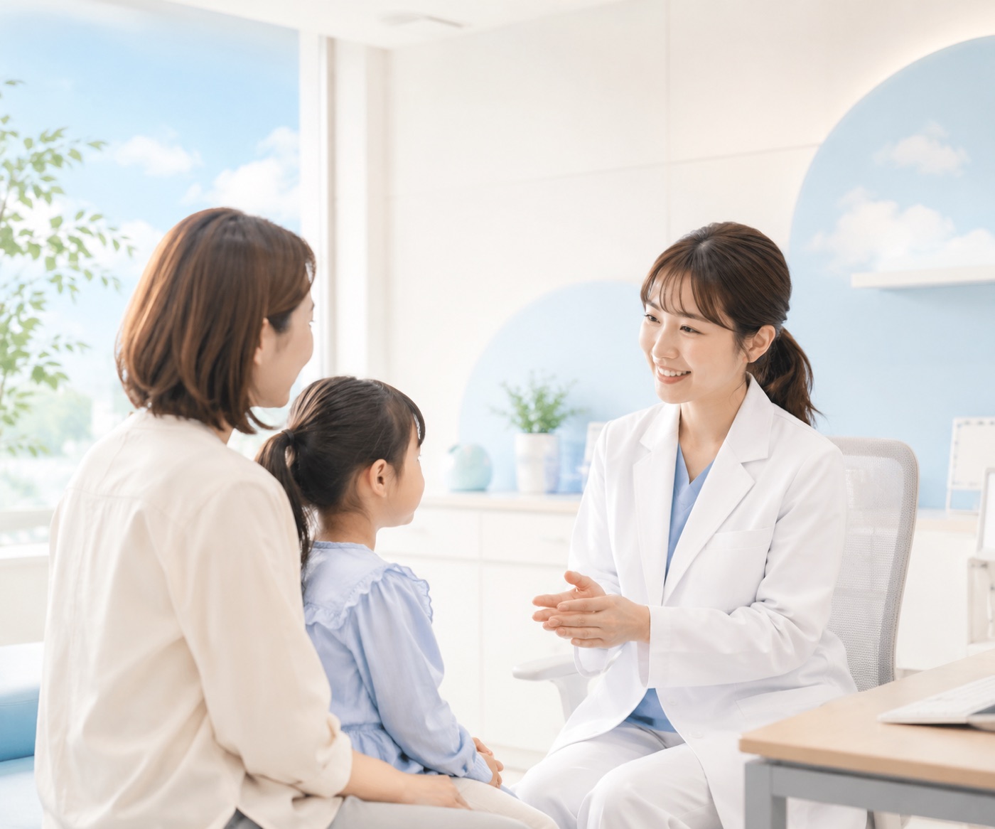 やわらかな自然光の診察室で、親子にやさしく話しかける院長
