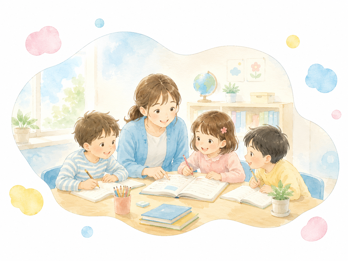 先生と一緒に楽しく学ぶ子どもたち
