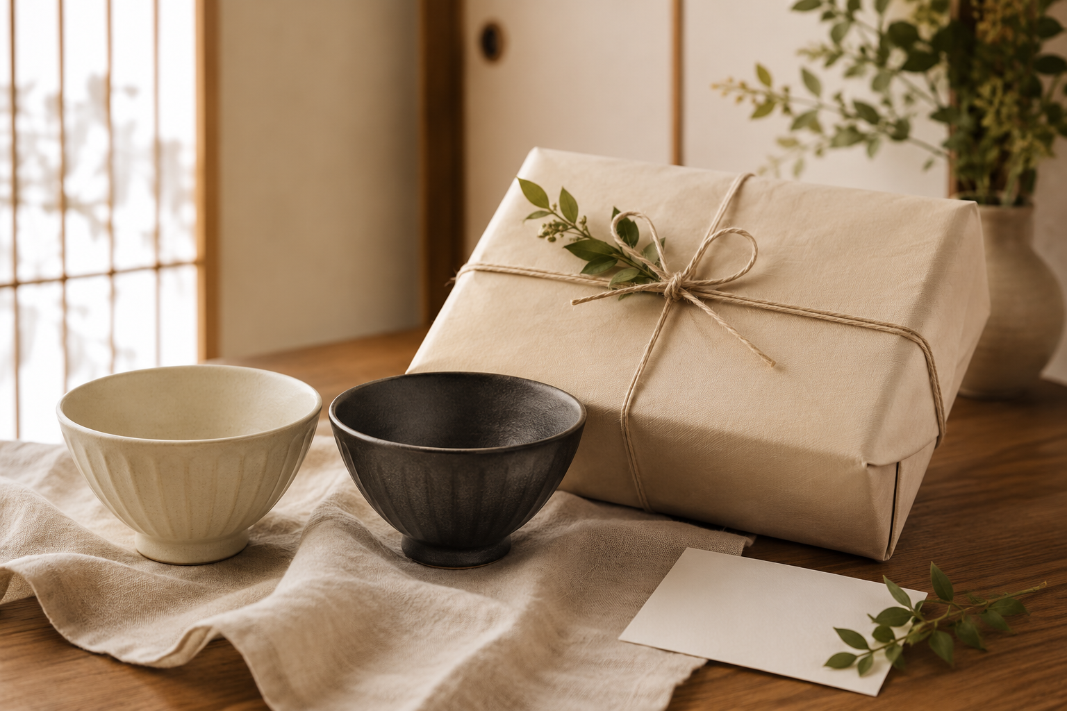 麻ひもと包装紙で包んだギフトと、ひと組の夫婦茶碗、メッセージカード