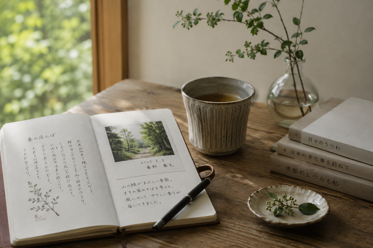 窓辺の机に開いた手書きのノートと湯呑、うつわの本