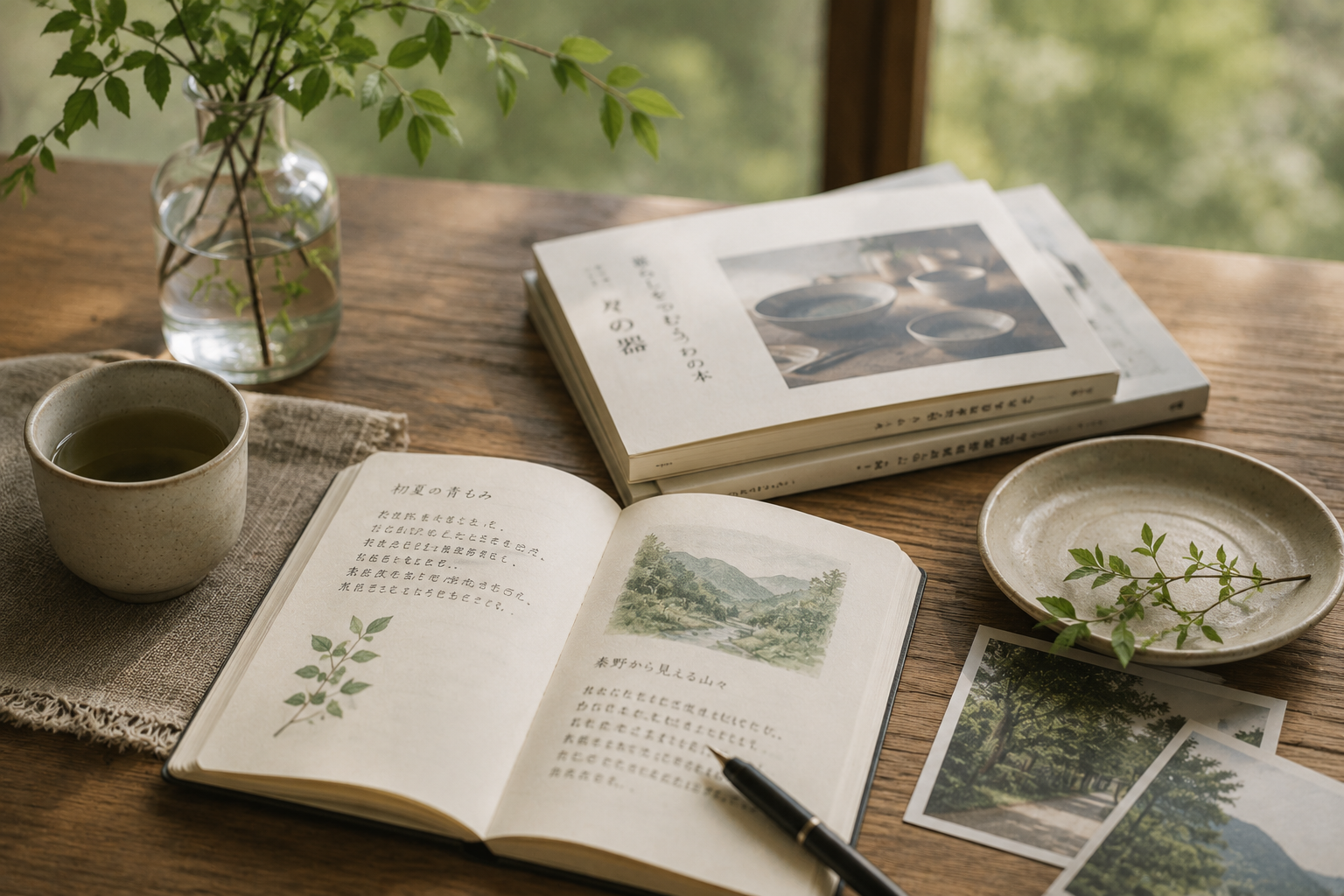 丹沢の山々を描いた手書きのノートと、うつわの本、お茶